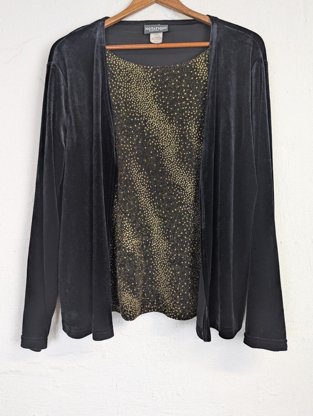 Vtg Velvet Top Black Gold Sparkle Evening Party Glam Metallic 1990s Womens Large